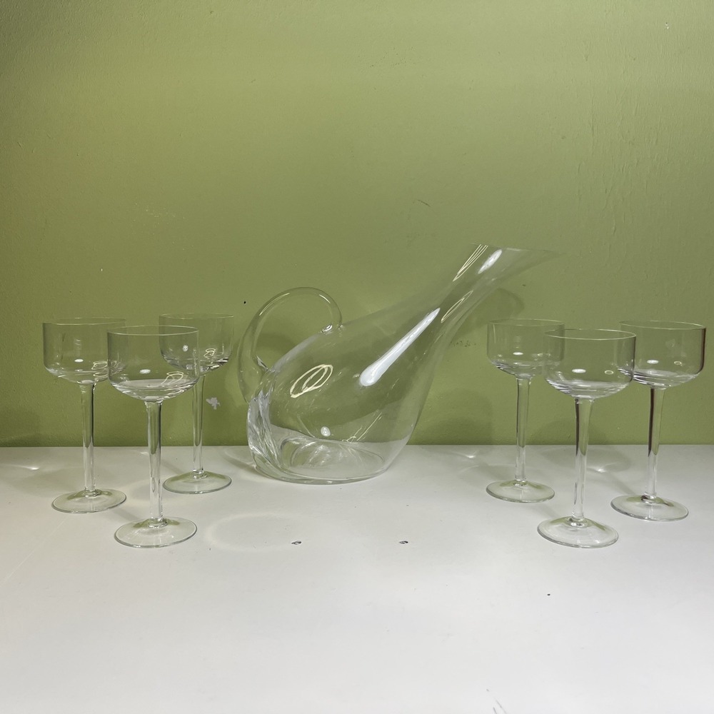 Hand Blown Glass Unique Decanter with Matching Stemmed Barware Glasses Set